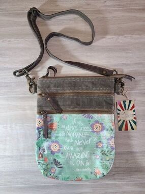 Ohlay Mom Quote Canvas Crossbody Bag Adjustable Strap Multi Pocket Brown Purse